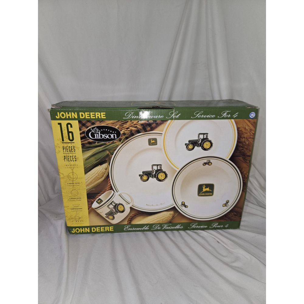 New John Deere Dinnerware Set Gibson 16 Piece 4 Place Settings Tractor Pattern